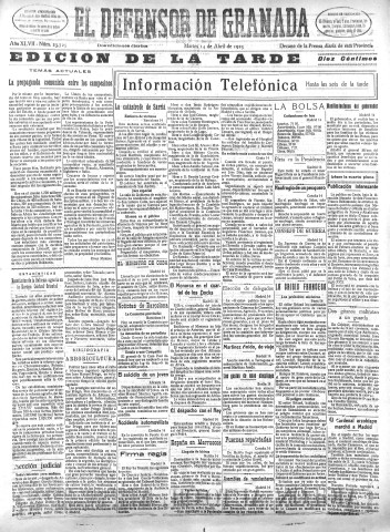 'El Defensor de Granada  : diario político independiente' - Año XLVII Número 23725 Ed. Tarde - 1925 Abril 14