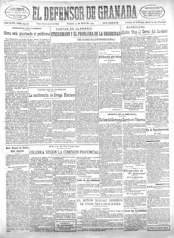 'El Defensor de Granada  : diario político independiente' - Año XLVII Número 23730 Ed. Mañana - 1925 Abril 17