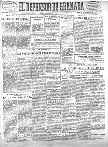 'El Defensor de Granada  : diario político independiente' - Año XLVII Número 23732 Ed. Mañana - 1925 Abril 18
