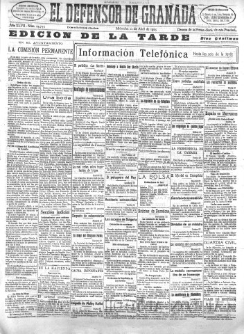 'El Defensor de Granada  : diario político independiente' - Año XLVII Número 23739 Ed. Tarde - 1925 Abril 22