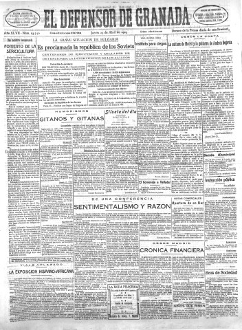 'El Defensor de Granada  : diario político independiente' - Año XLVII Número 23740 Ed. Mañana - 1925 Abril 23