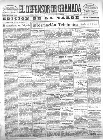 'El Defensor de Granada  : diario político independiente' - Año XLVII Número 23741 Ed. Tarde - 1925 Abril 23