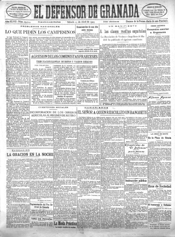 'El Defensor de Granada  : diario político independiente' - Año XLVII Número 23744 Ed. Mañana - 1925 Abril 25