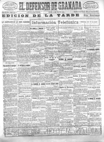 'El Defensor de Granada  : diario político independiente' - Año XLVII Número 23745 Ed. Tarde - 1925 Abril 25