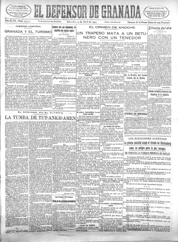 'El Defensor de Granada  : diario político independiente' - Año XLVII Número 23750 Ed. Mañana - 1925 Abril 29