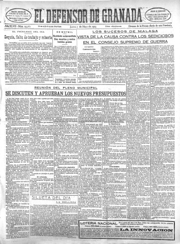 'El Defensor de Granada  : diario político independiente' - Año XLVII Número 23762 Ed. Mañana - 1925 Mayo 07
