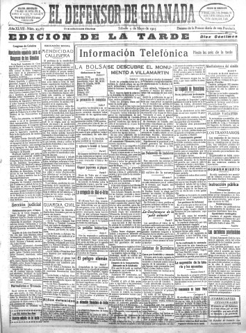 'El Defensor de Granada  : diario político independiente' - Año XLVII Número 23767 Ed. Tarde - 1925 Mayo 09