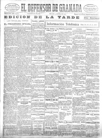 'El Defensor de Granada  : diario político independiente' - Año XLVII Número 23773 Ed. Tarde - 1925 Mayo 13