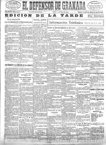 'El Defensor de Granada  : diario político independiente' - Año XLVII Número 23775 Ed. Tarde - 1925 Mayo 14