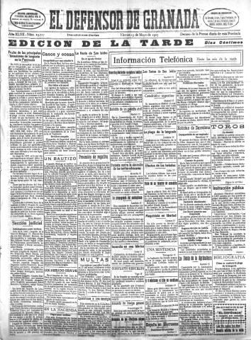 'El Defensor de Granada  : diario político independiente' - Año XLVII Número 23777 Ed. Tarde - 1925 Mayo 15