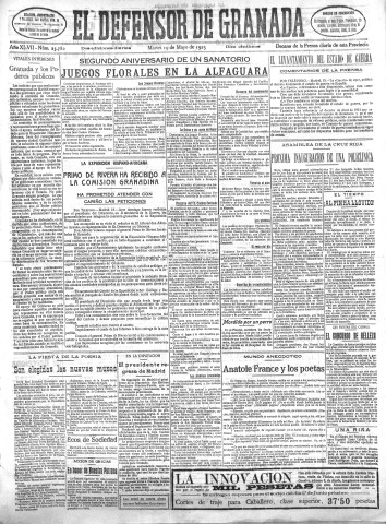 'El Defensor de Granada  : diario político independiente' - Año XLVII Número 23782 Ed. Mañana - 1925 Mayo 19