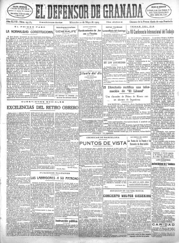 'El Defensor de Granada  : diario político independiente' - Año XLVII Número 23784 Ed. Mañana - 1925 Mayo 20