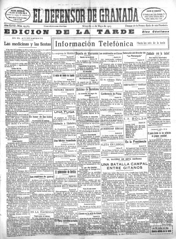 'El Defensor de Granada  : diario político independiente' - Año XLVII Número 23785 Ed. Tarde - 1925 Mayo 20