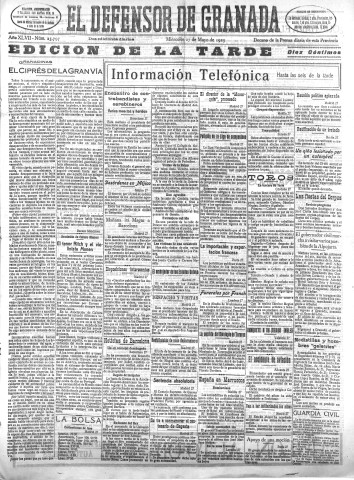 'El Defensor de Granada  : diario político independiente' - Año XLVII Número 23797 Ed. Tarde - 1925 Mayo 27