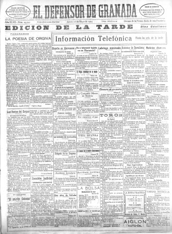 'El Defensor de Granada  : diario político independiente' - Año XLVII Número 23799 Ed. Tarde - 1925 Mayo 28
