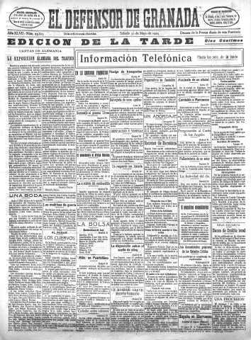 'El Defensor de Granada  : diario político independiente' - Año XLVII Número 23803 Ed. Tarde - 1925 Mayo 30