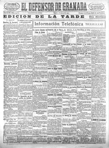 'El Defensor de Granada  : diario político independiente' - Año XLVII Número 23807 Ed. Tarde - 1925 Junio 02