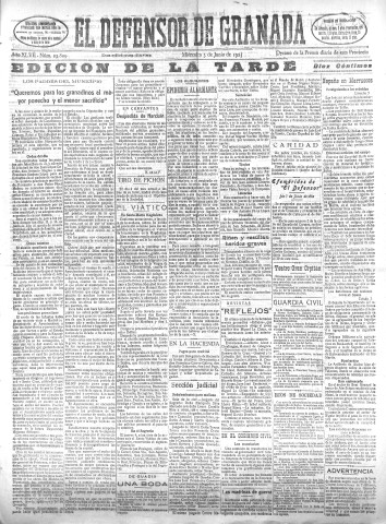 'El Defensor de Granada  : diario político independiente' - Año XLVII Número 23809 Ed. Tarde - 1925 Junio 03