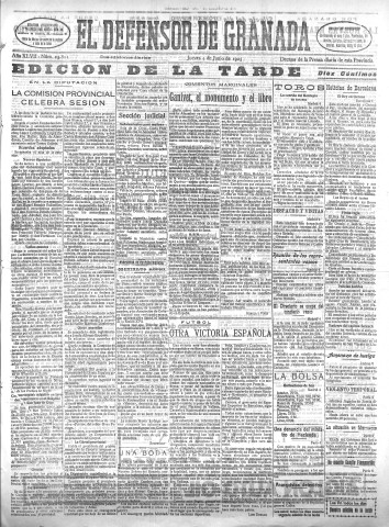 'El Defensor de Granada  : diario político independiente' - Año XLVII Número 23811 Ed. Tarde - 1925 Junio 04
