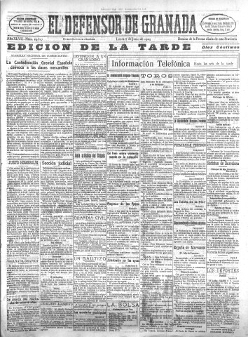 'El Defensor de Granada  : diario político independiente' - Año XLVII Número 23817 Ed. Tarde - 1925 Junio 08