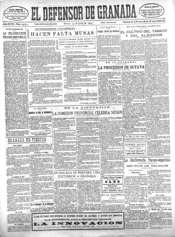 'El Defensor de Granada  : diario político independiente' - Año XLVII Número 23834 Ed. Mañana - 1925 Junio 19