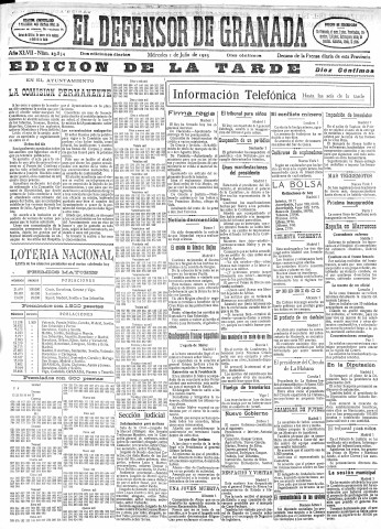 'El Defensor de Granada  : diario político independiente' - Año XLVII Número 23855 Ed. Tarde - 1925 Julio 01