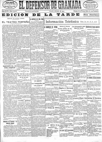 'El Defensor de Granada  : diario político independiente' - Año XLVII Número 23858 Ed. Tarde - 1925 Julio 03