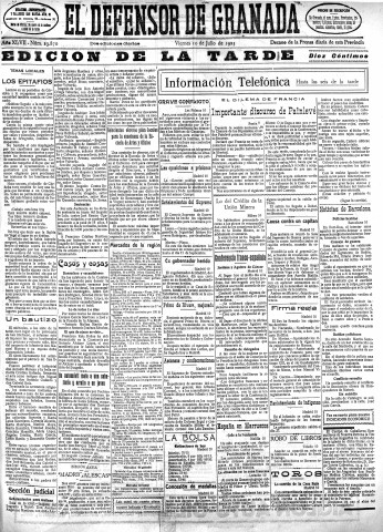 'El Defensor de Granada  : diario político independiente' - Año XLVII Número 23870 Ed. Tarde - 1925 Julio 10