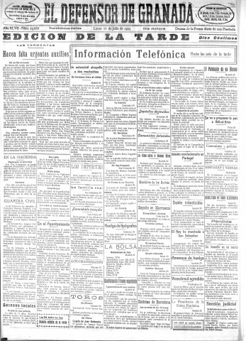 'El Defensor de Granada  : diario político independiente' - Año XLVII Número 23886 Ed. Tarde - 1925 Julio 20