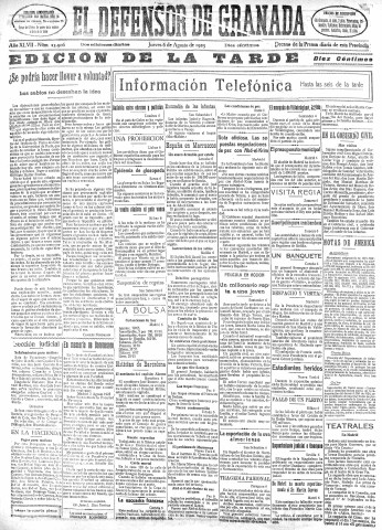 'El Defensor de Granada  : diario político independiente' - Año XLVII Número 23906 Ed. Tarde - 1925 Agosto 06