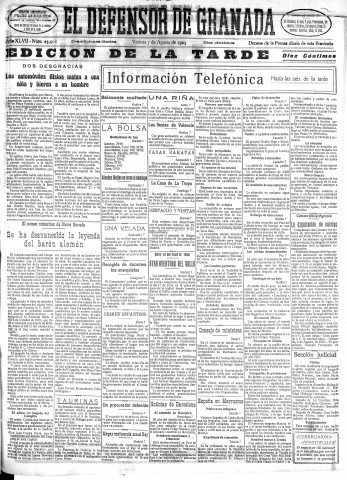 'El Defensor de Granada  : diario político independiente' - Año XLVII Número 23908 Ed. Tarde - 1925 Agosto 07