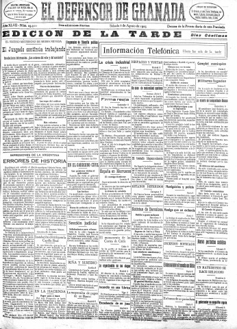 'El Defensor de Granada  : diario político independiente' - Año XLVII Número 23910 Ed. Tarde - 1925 Agosto 08