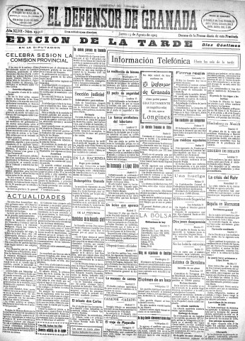 'El Defensor de Granada  : diario político independiente' - Año XLVII Número 23918 Ed. Tarde - 1925 Agosto 13
