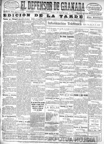 'El Defensor de Granada  : diario político independiente' - Año XLVII Número 23920 Ed. Tarde - 1925 Agosto 14