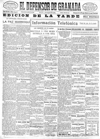 'El Defensor de Granada  : diario político independiente' - Año XLVII Número 23922 Ed. Tarde - 1925 Agosto 15