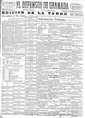 'El Defensor de Granada  : diario político independiente' - Año XLVII Número 23933 Ed. Tarde - 1925 Agosto 21