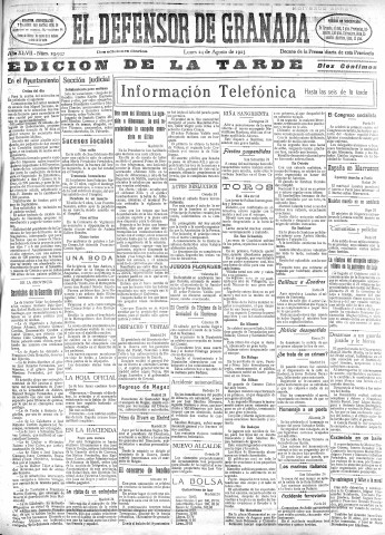 'El Defensor de Granada  : diario político independiente' - Año XLVII Número 23937 Ed. Tarde - 1925 Agosto 24