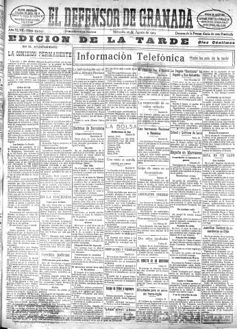 'El Defensor de Granada  : diario político independiente' - Año XLVII Número 23941 Ed. Tarde - 1925 Agosto 26