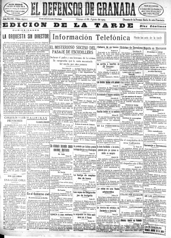 'El Defensor de Granada  : diario político independiente' - Año XLVII Número 23945 Ed. Tarde - 1925 Agosto 28