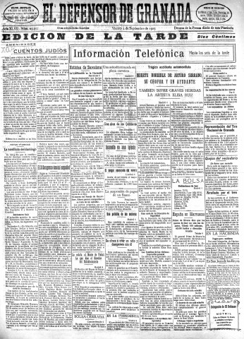 'El Defensor de Granada  : diario político independiente' - Año XLVII Número 23957 Ed. Tarde - 1925 Septiembre 04
