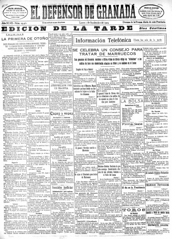 'El Defensor de Granada  : diario político independiente' - Año XLVII Número 23961 Ed. Tarde - 1925 Septiembre 07