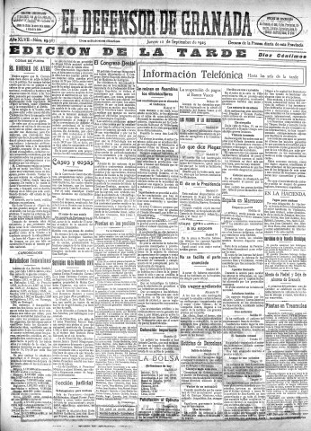 'El Defensor de Granada  : diario político independiente' - Año XLVII Número 23967 Ed. Tarde - 1925 Septiembre 10