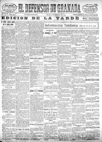 'El Defensor de Granada  : diario político independiente' - Año XLVII Número 23971 Ed. Tarde - 1925 Septiembre 12