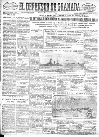 'El Defensor de Granada  : diario político independiente' - Año XLVII Número 23974 Ed. Mañana - 1925 Septiembre 15