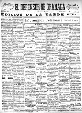 'El Defensor de Granada  : diario político independiente' - Año XLVII Número 23981 Ed. Tarde - 1925 Septiembre 18