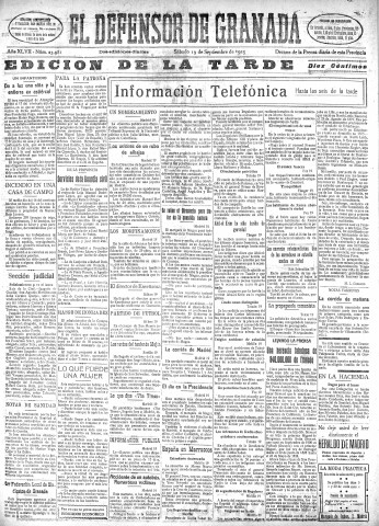 'El Defensor de Granada  : diario político independiente' - Año XLVII Número 23982 Ed. Tarde - 1925 Septiembre 19