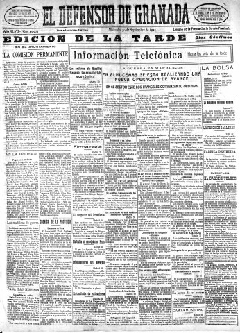 'El Defensor de Granada  : diario político independiente' - Año XLVII Número 23999 Ed. Tarde - 1925 Septiembre 30