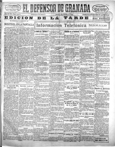 'El Defensor de Granada  : diario político independiente' - Año XLVII Número 24013 Ed. Tarde - 1925 Octubre 08