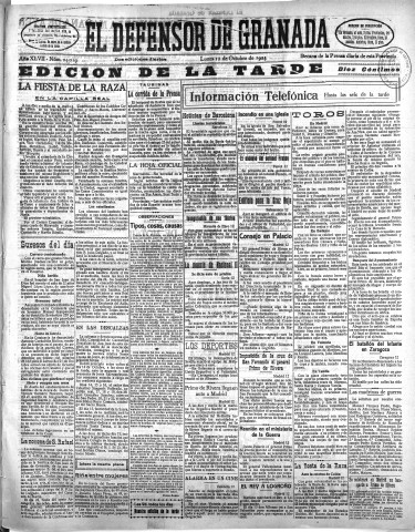 'El Defensor de Granada  : diario político independiente' - Año XLVII Número 24019 Ed. Tarde - 1925 Octubre 12