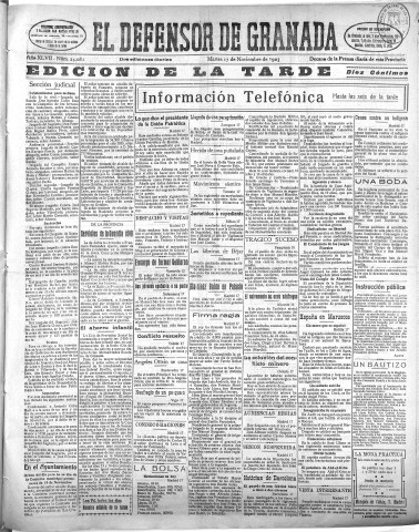 'El Defensor de Granada  : diario político independiente' - Año XLVII Número 24081 Ed. Tarde - 1925 Noviembre 17